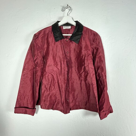 Gianni Woman Red & Black Linen Blend Button-Up Shirt Size 14 Long Sleeve Casual - Picture 1 of 8